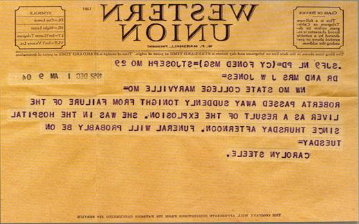 Telegram announcing Roberta's death, the name Steel is misspelled on the form.